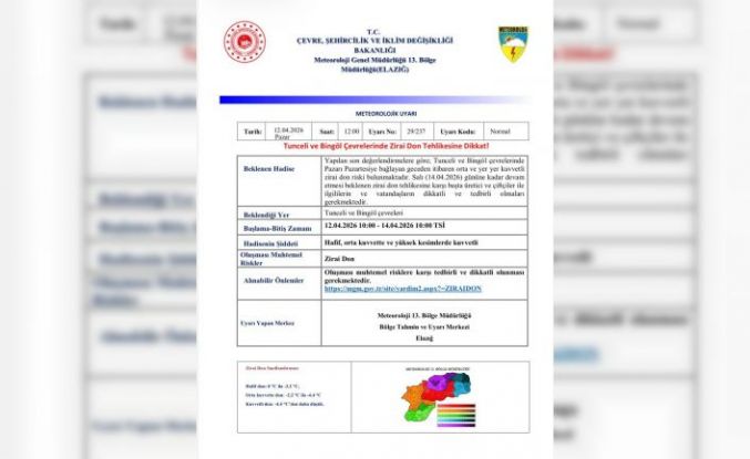 Meteorolojiden  Bingöl ve Tunceli için zirai don uyarısı