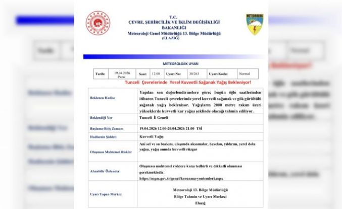 Meteorolojiden Tunceli için sağanak yağış uyarısı