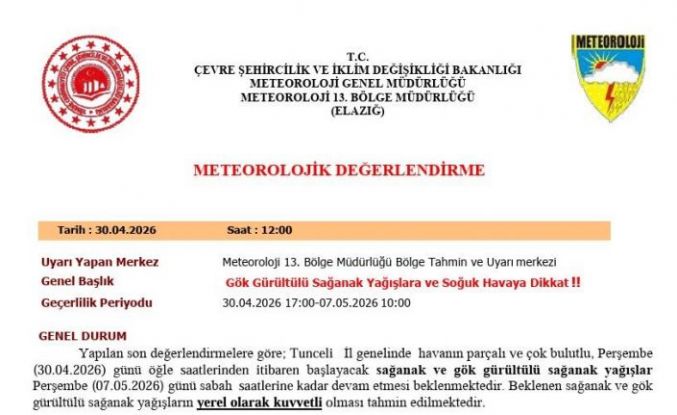 Tunceli için sağanak yağış uyarısı